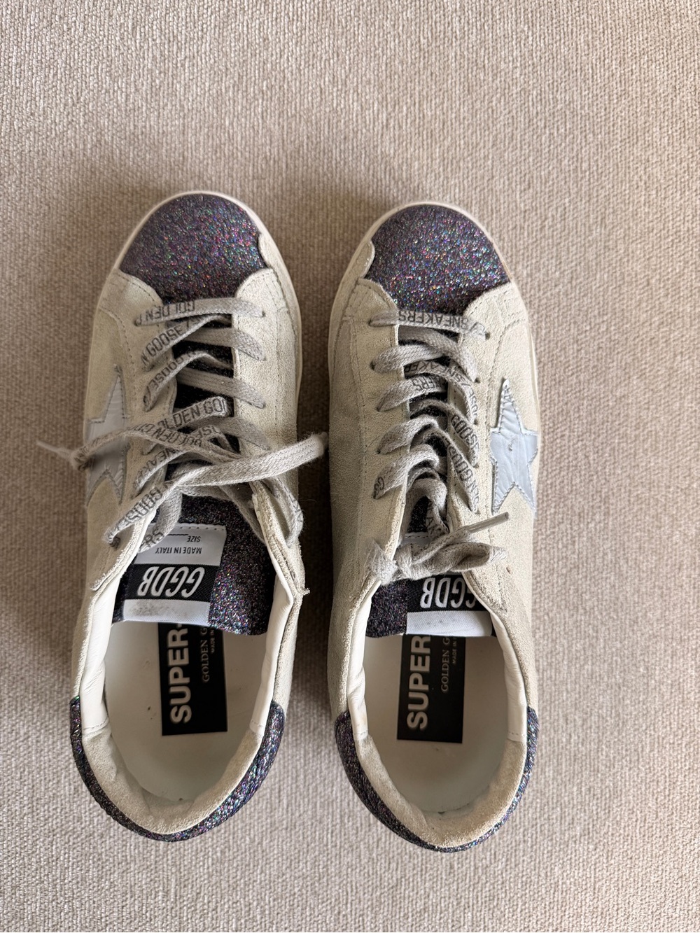 Authentic Golden Goose beige suede sneakers with multicolor glitter accents